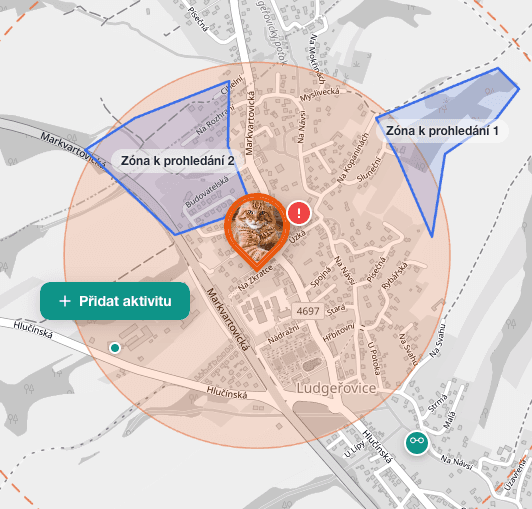Mapa hlášení s vyznačenými pátracími zónami v různých stavech