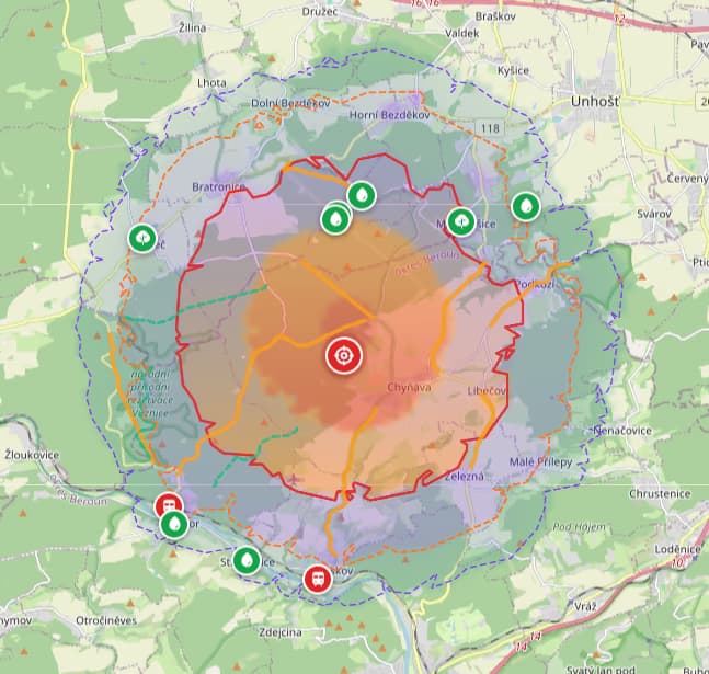 Chytrá pátrací mapa - teplotní mapa pravděpodobnosti, kde se ztracené zvíře nejspíš nachází